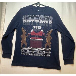 Christmas sweater mens large Santa bottoms up beer waffle knit long sleeve blue